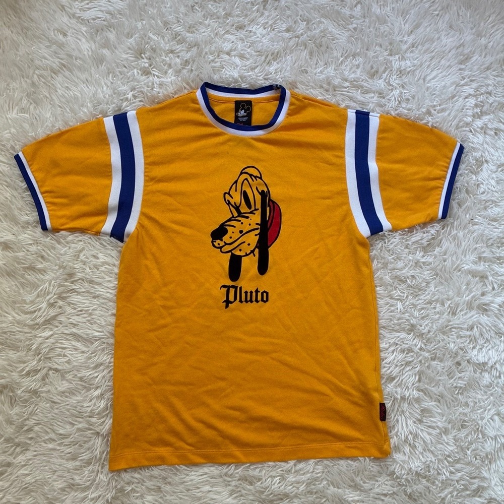 Retro Disney Forever 21 Pluto Ringer Tee Yellow Striped Knit Shirt Mens Small